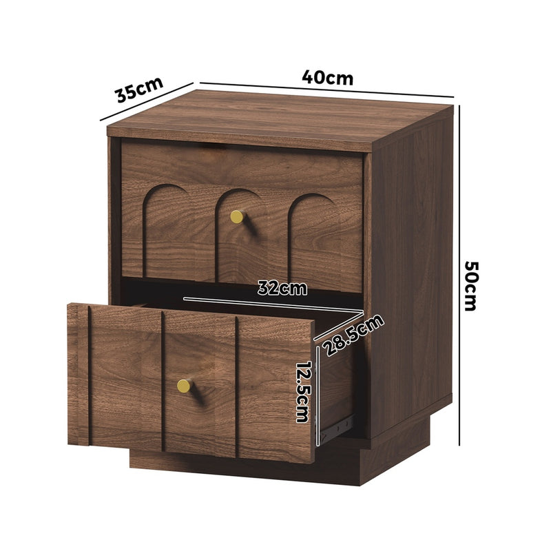 Oikiture Bedside Table 2 Drawer Side Cabinet Metal Handle Walnut