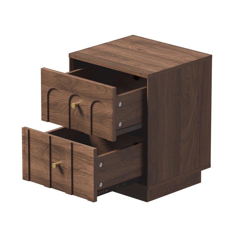 Oikiture Bedside Table 2 Drawer Side Cabinet Metal Handle Walnut