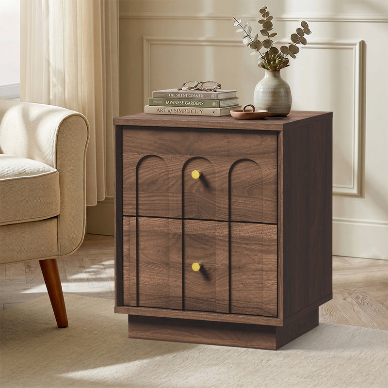 Oikiture Bedside Table 2 Drawer Side Cabinet Metal Handle Walnut