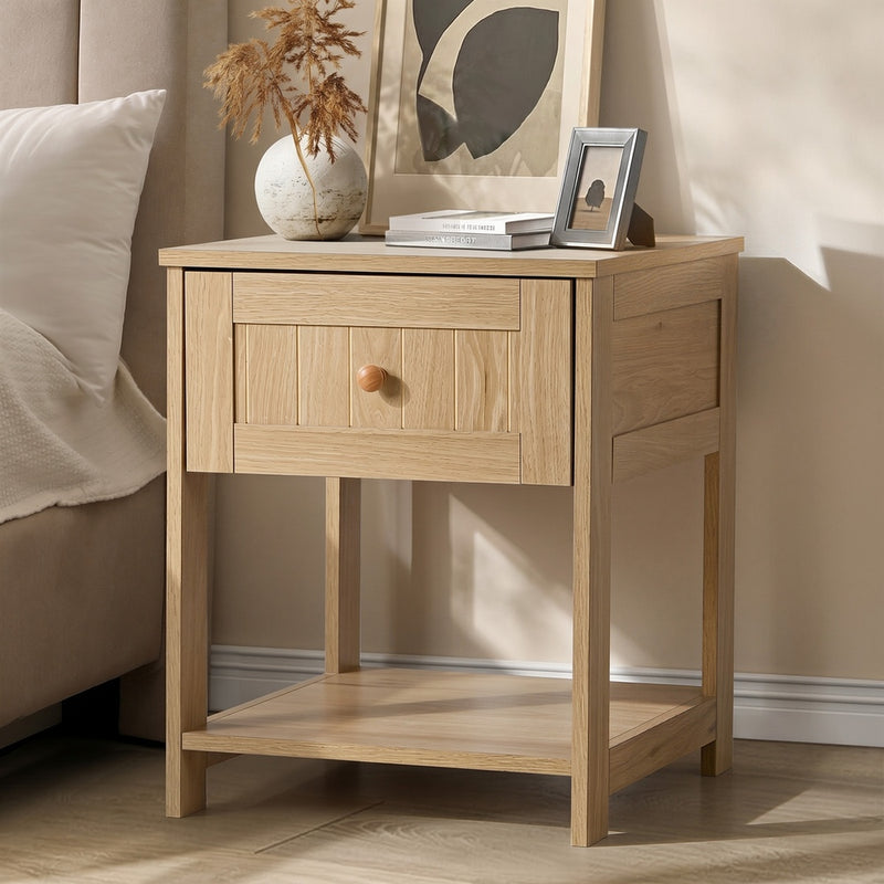 Oikiture Bedside Table 1 Drawer Storage Shelf Nightstand Natural