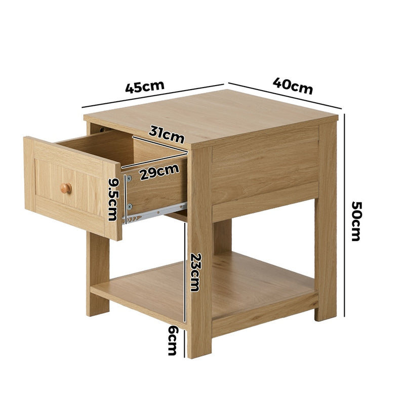 Oikiture Bedside Table 1 Drawer Storage Shelf Nightstand Natural