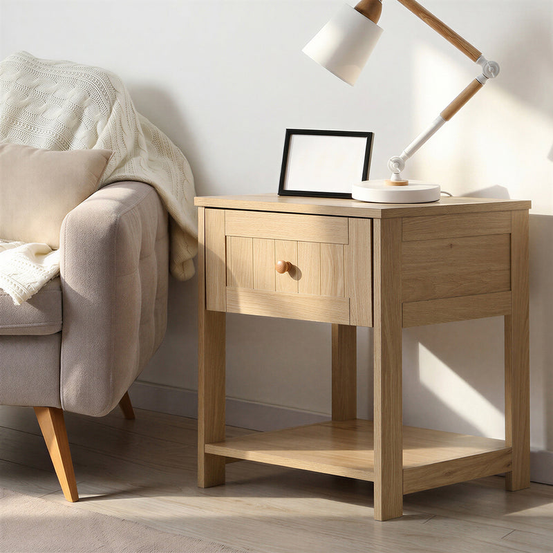 Oikiture Bedside Table 1 Drawer Storage Shelf Nightstand Natural