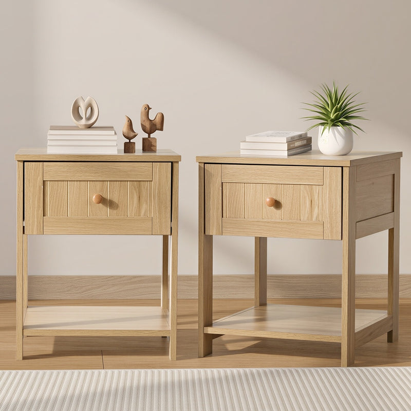 Oikiture 2pc Bedside Table 1 Drawer Storage Shelf Nightstand Natural