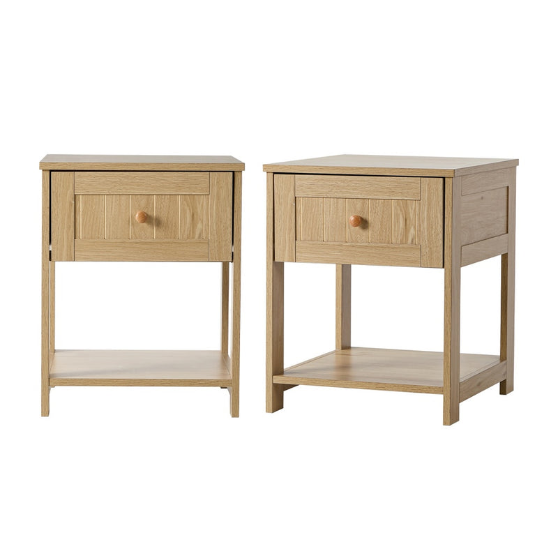 Oikiture 2pc Bedside Table 1 Drawer Storage Shelf Nightstand Natural