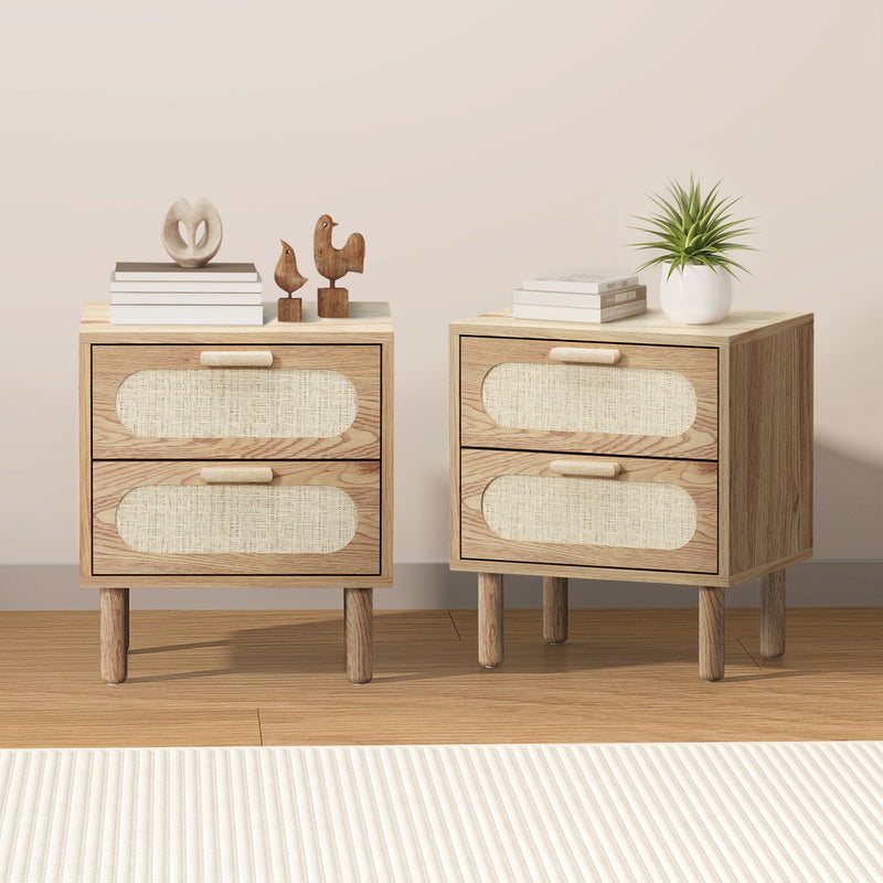 Oikiture 2x Bedside Table 2 Drawers Rattan Natural