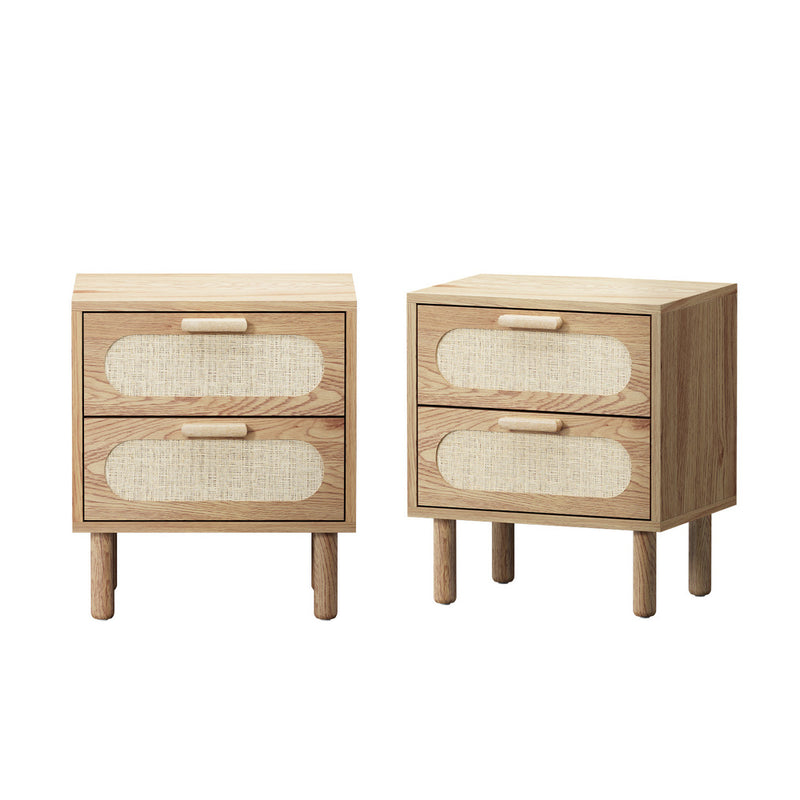 Oikiture 2x Bedside Table 2 Drawers Rattan Natural