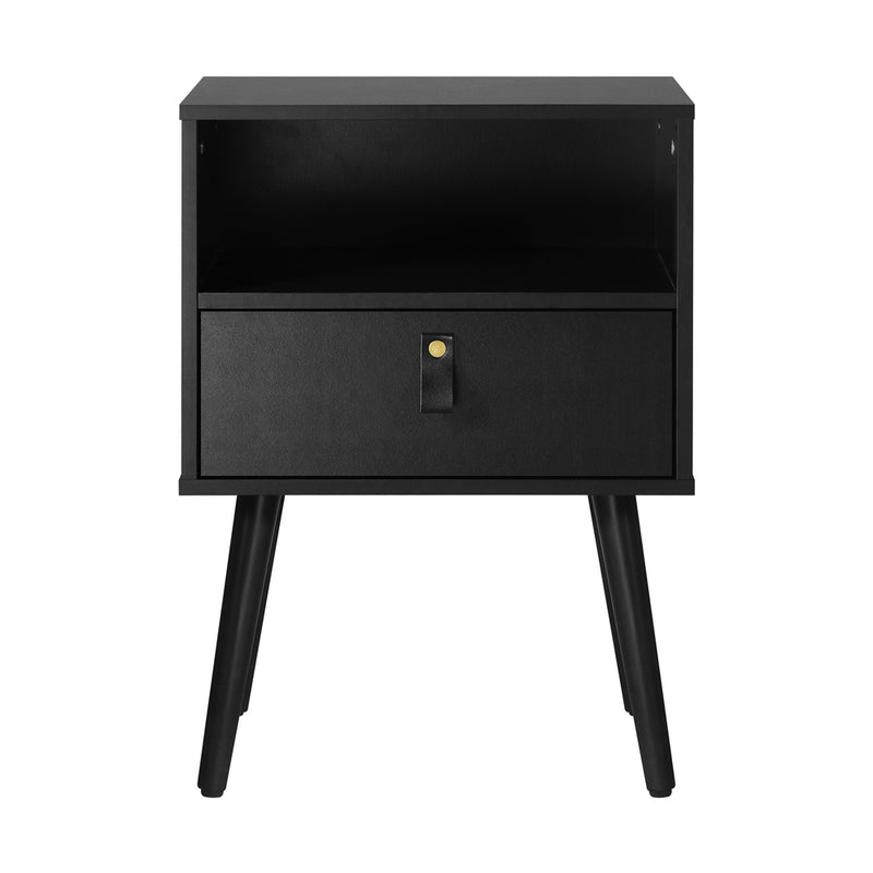 Oikiture Bedside Tables with Leather Handle Black
