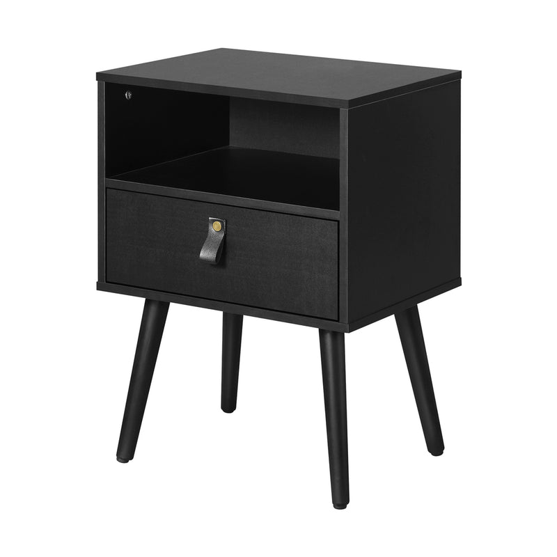 Oikiture 2X Bedside Tables with Leather Handle Black