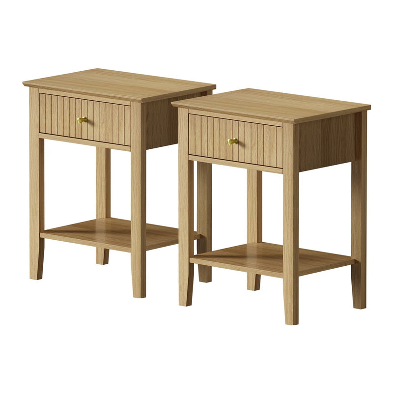 Oikiture 2x Bedside Table 1 Drawer Open Shelf Nightstand Natural