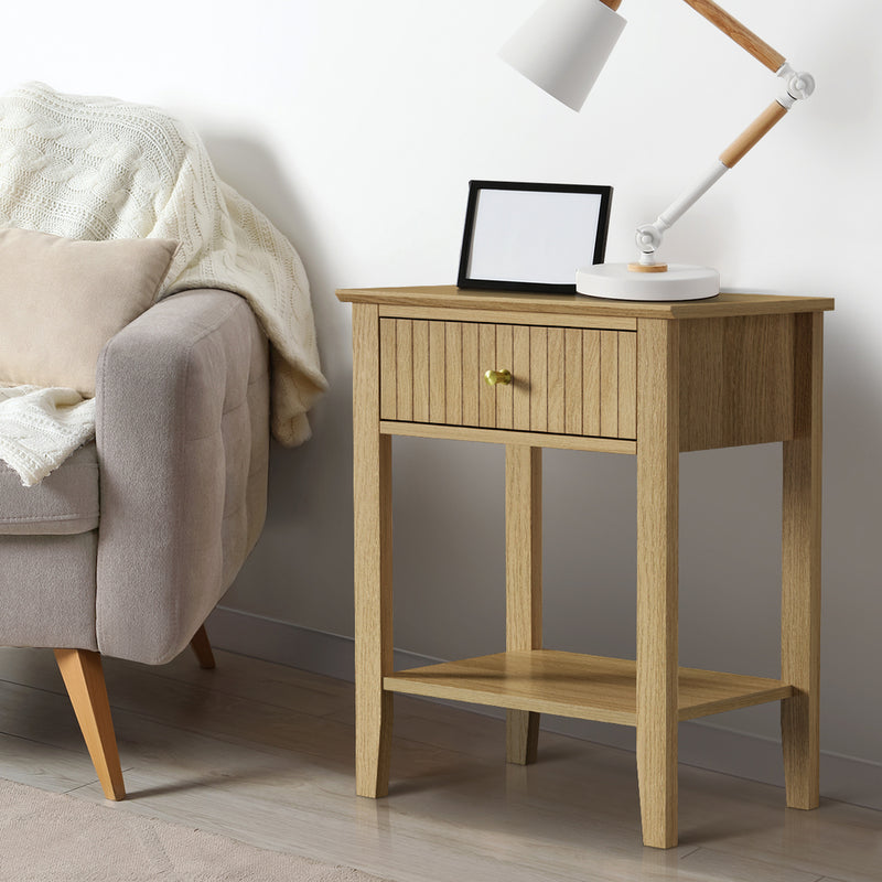Oikiture 2x Bedside Table 1 Drawer Open Shelf Nightstand Natural