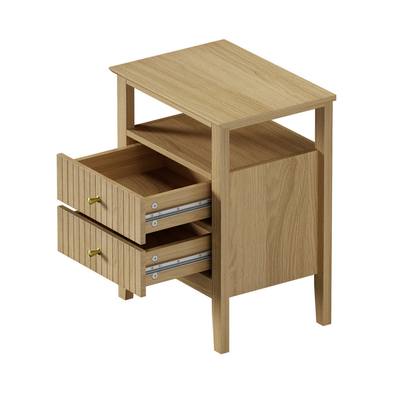 Oikiture Bedside Table 2 Drawers Open Shelf Nightstand Natural