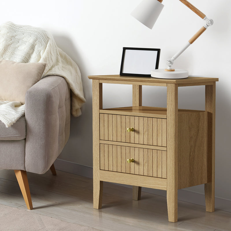 Oikiture Bedside Table 2 Drawers Open Shelf Nightstand Natural