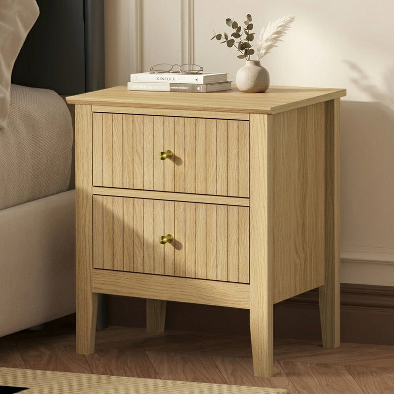 Oikiture Bedside Table 2 Drawers Nightstand Gold Handle Natural