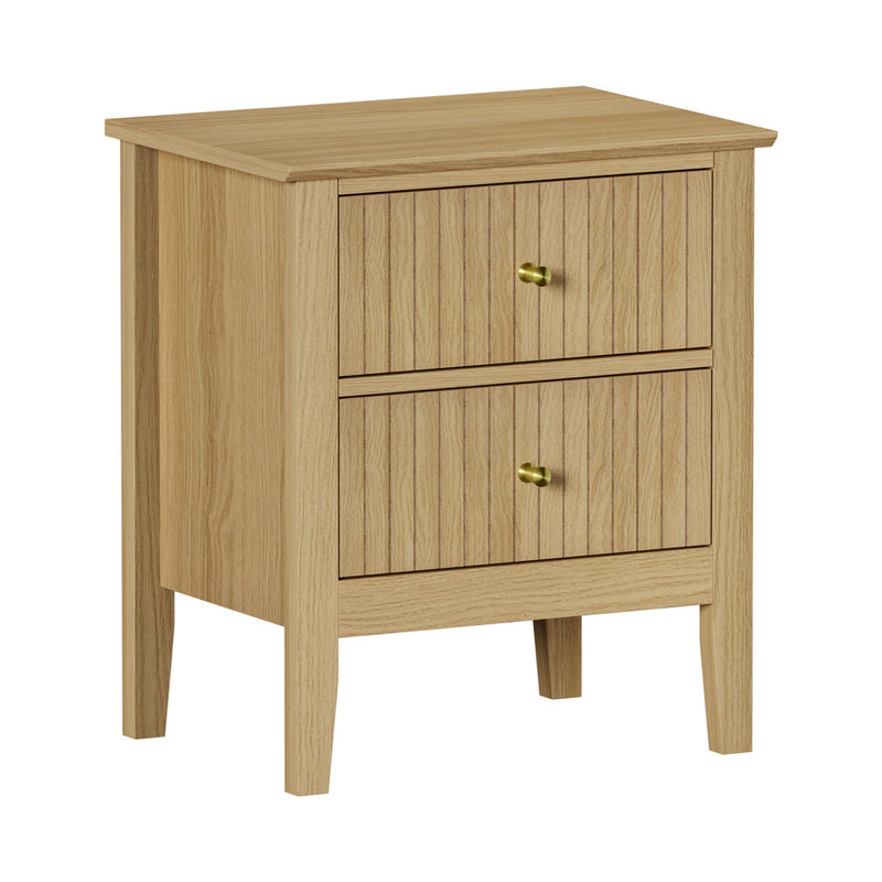 Oikiture Bedside Table 2 Drawers Nightstand Gold Handle Natural