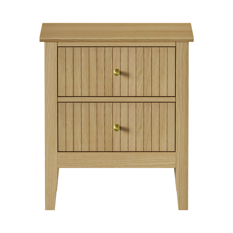 Oikiture Bedside Table 2 Drawers Nightstand Gold Handle Natural