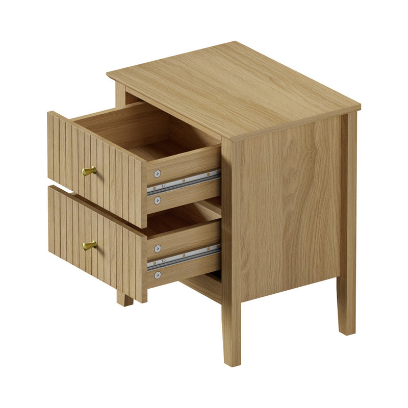 Oikiture Bedside Table 2 Drawers Nightstand Gold Handle Natural