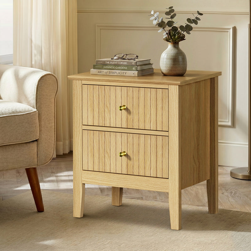 Oikiture Bedside Table 2 Drawers Nightstand Gold Handle Natural