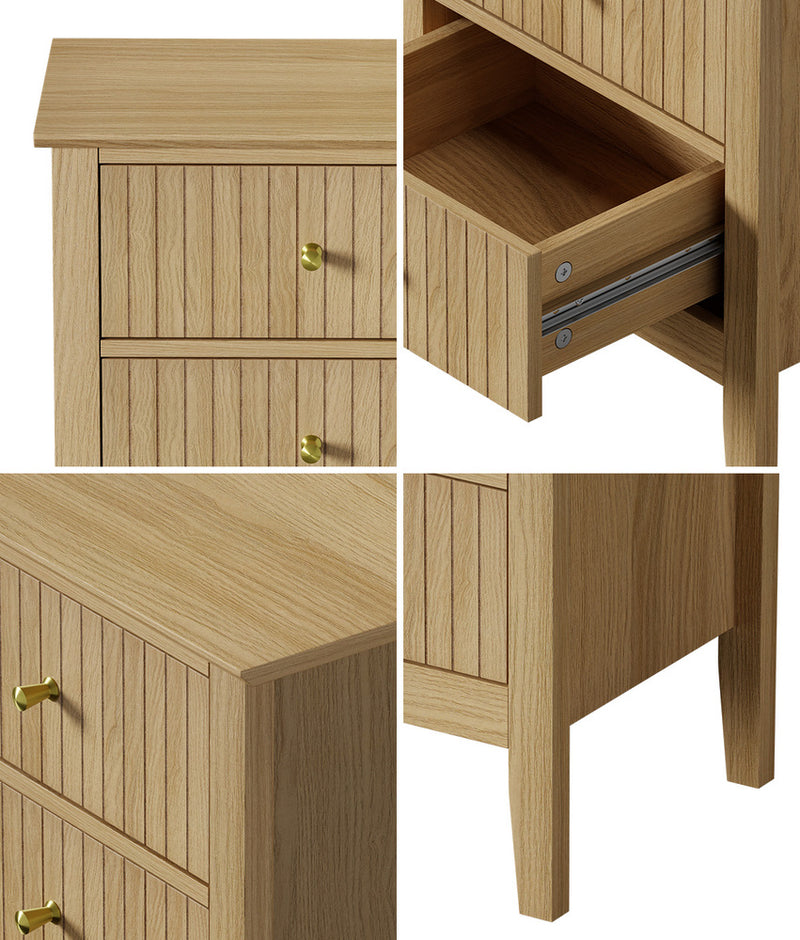 Oikiture Bedside Table 2 Drawers Nightstand Gold Handle Natural