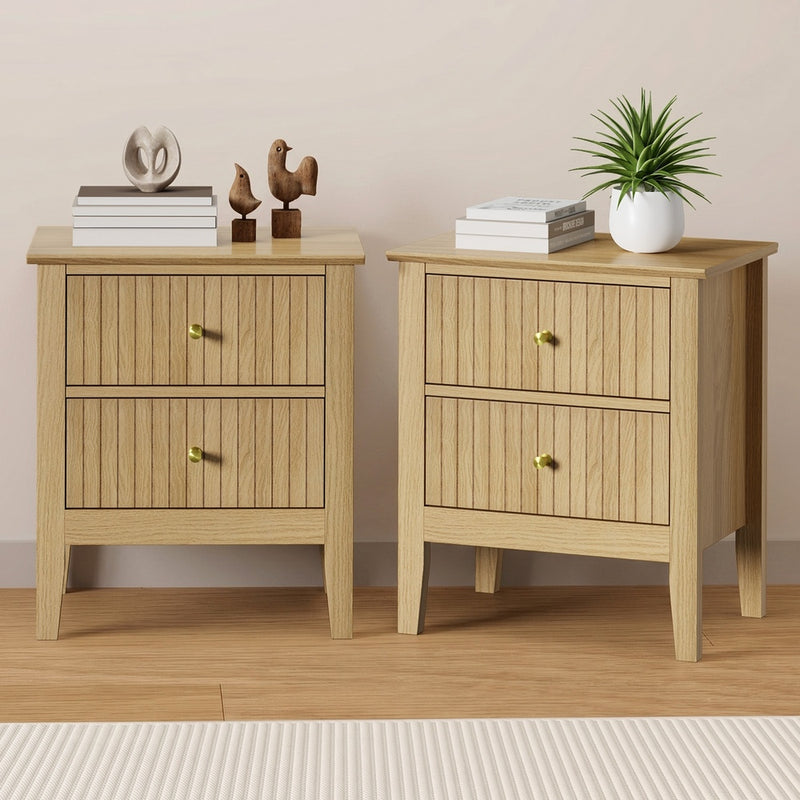 Oikiture 2pc Bedside Table 2 Drawers Nightstand Gold Handle Natural