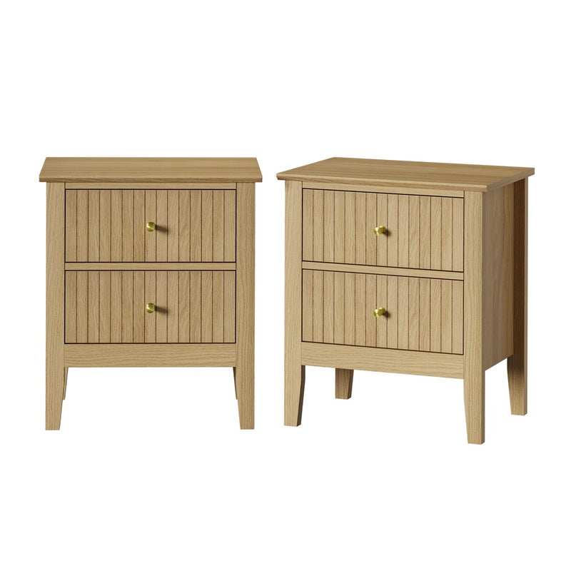 Oikiture 2pc Bedside Table 2 Drawers Nightstand Gold Handle Natural