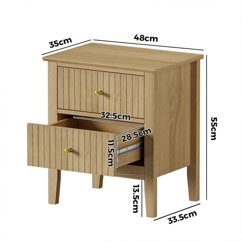 Oikiture 2pc Bedside Table 2 Drawers Nightstand Gold Handle Natural