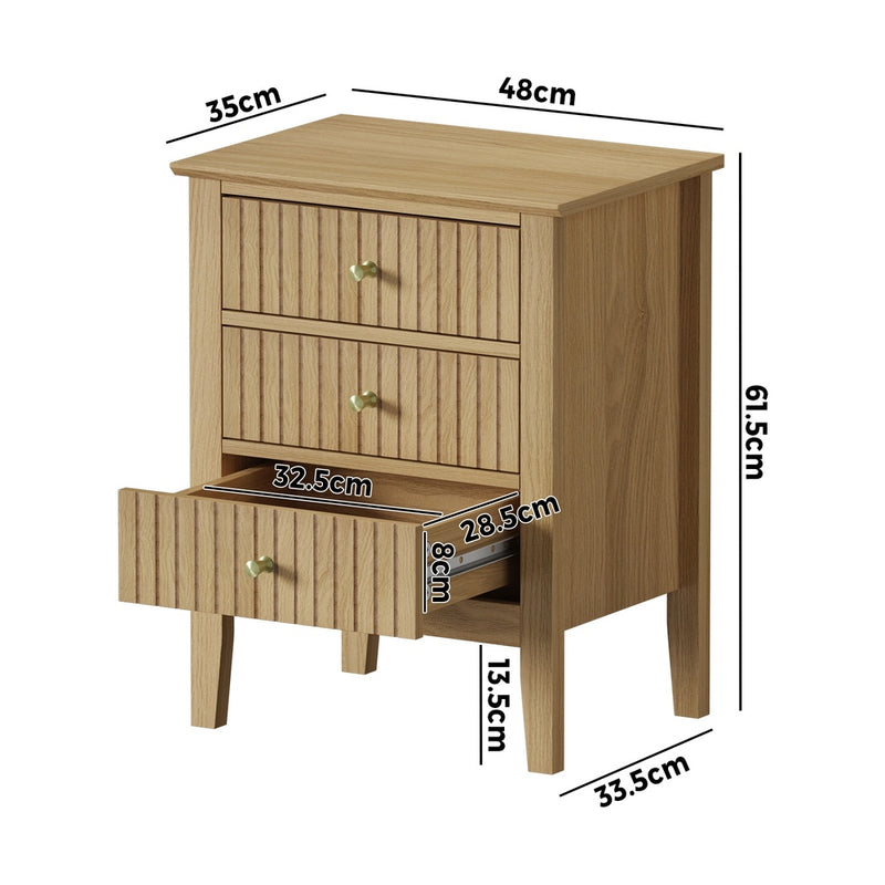 Oikiture Bedside Table 3 Drawers Side End Nightstand Natural