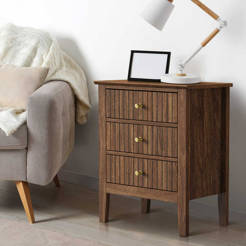 Oikiture Bedside Table 3 Drawers Side End Nightstand Walnut