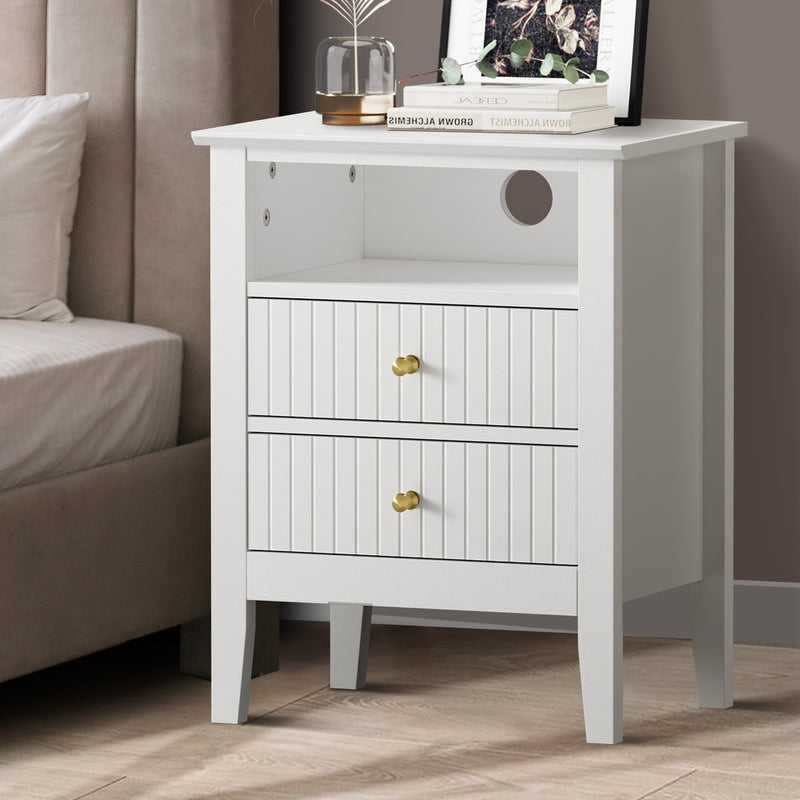 Oikiture Bedside Table Nightstand 2 Drawer with Storage Cabinet White