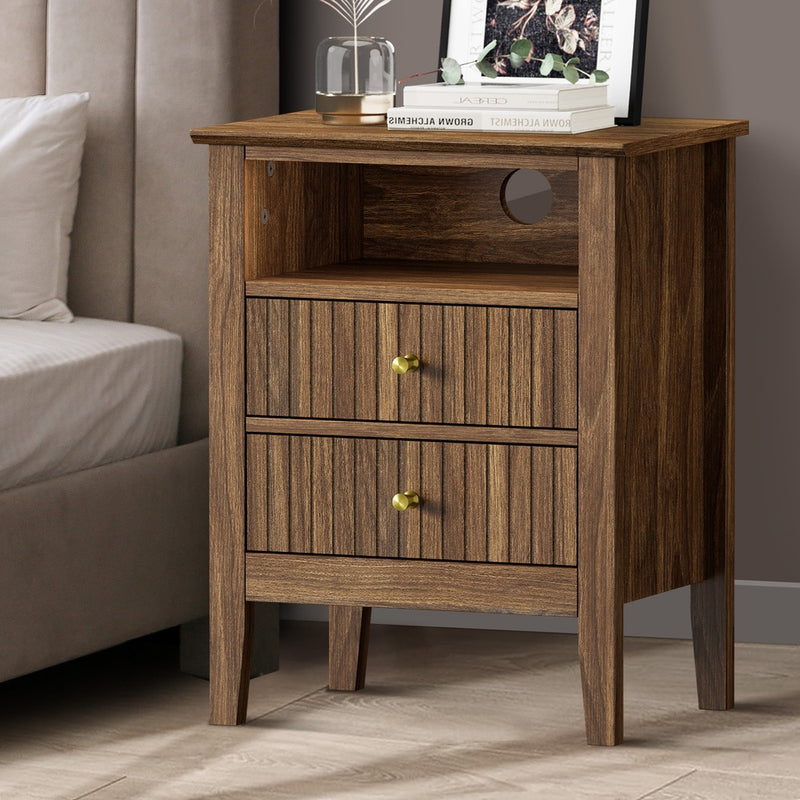 Oikiture Bedside Table Nightstand 2 Drawer with Storage Cabinet Walnut