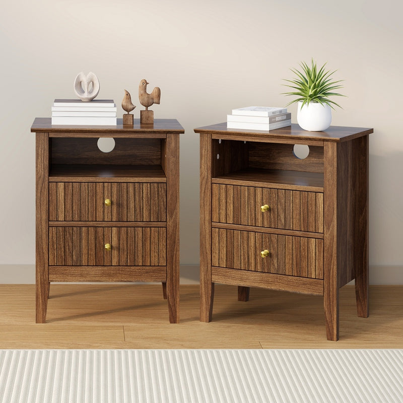 Oikiture 2x Bedside Table Nightstand 2 Drawer Storage Cabinet Walnut
