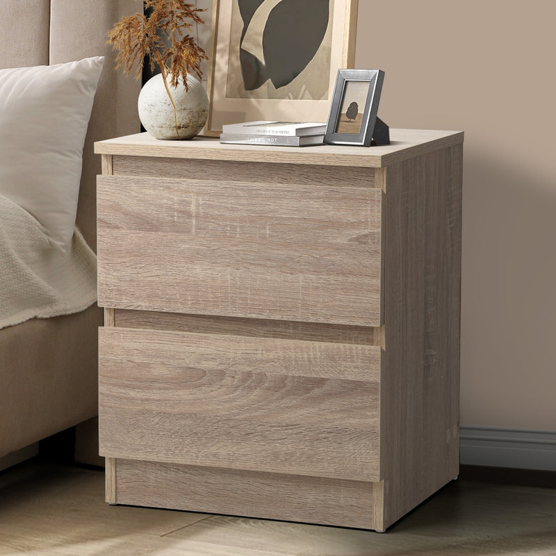 Oikiture Bedside Table Nightstand 2 Drawers Natural