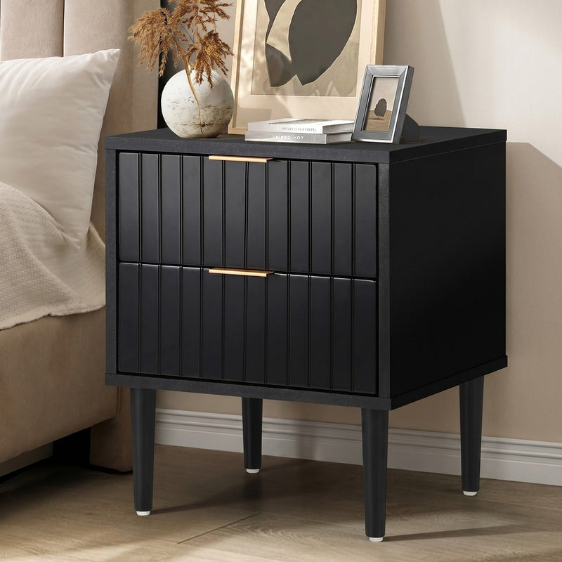 Oikiture Bedside Table 2 Drawers Storage Cabinet Metal Handle Black