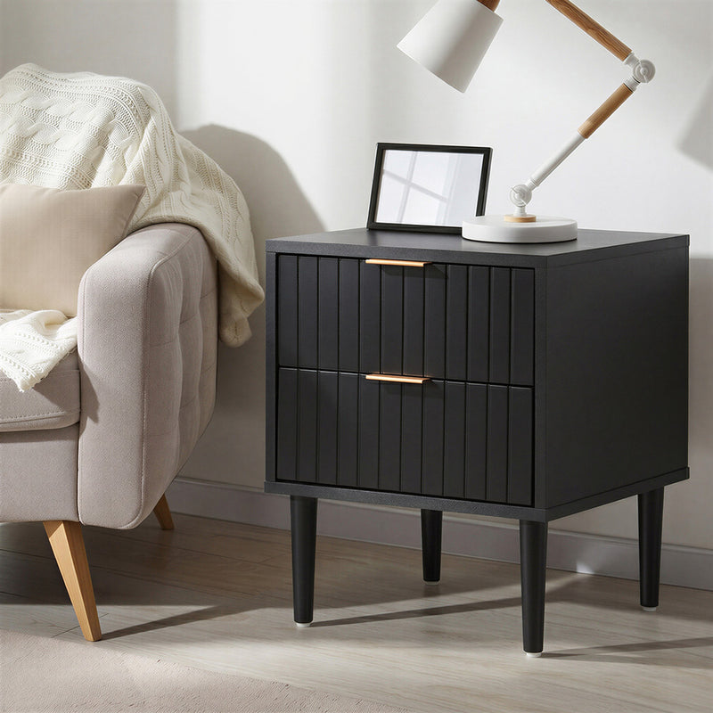 Oikiture Bedside Table 2 Drawers Storage Cabinet Metal Handle Black