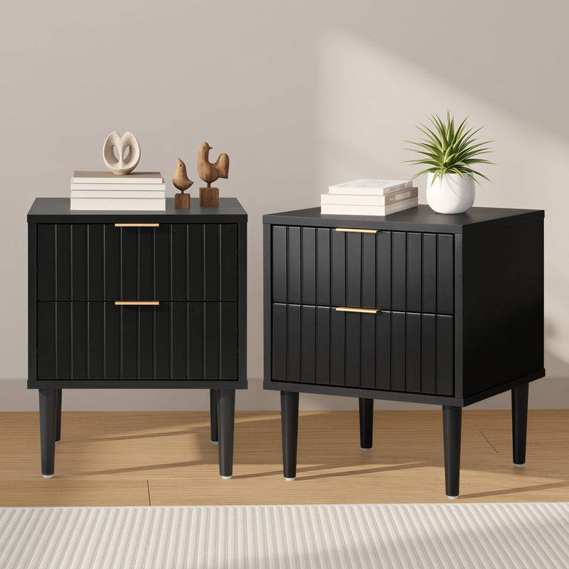 Oikiture 2pc Bedside Table 2 Drawers Cabinet Metal Handle Black