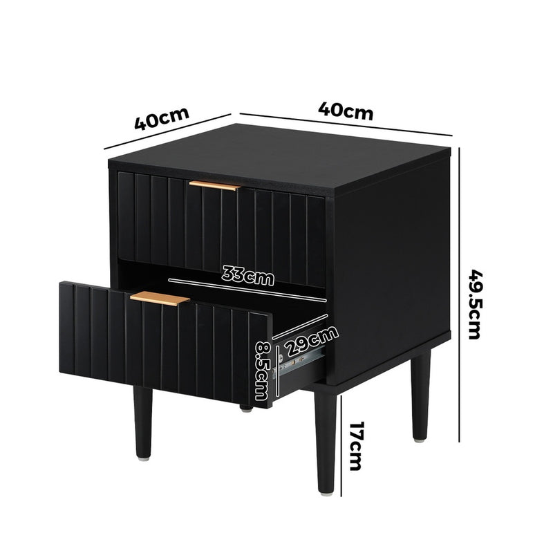 Oikiture 2pc Bedside Table 2 Drawers Cabinet Metal Handle Black