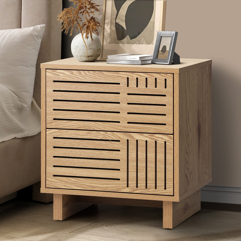 Oikiture Bedside Table 2 Drawers Nightstand Storage Cabinet Natural