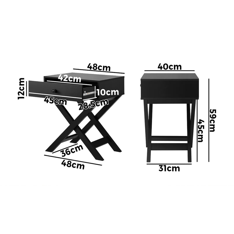 Oikiture Bedside Table Wooden Frame Cross Base Black
