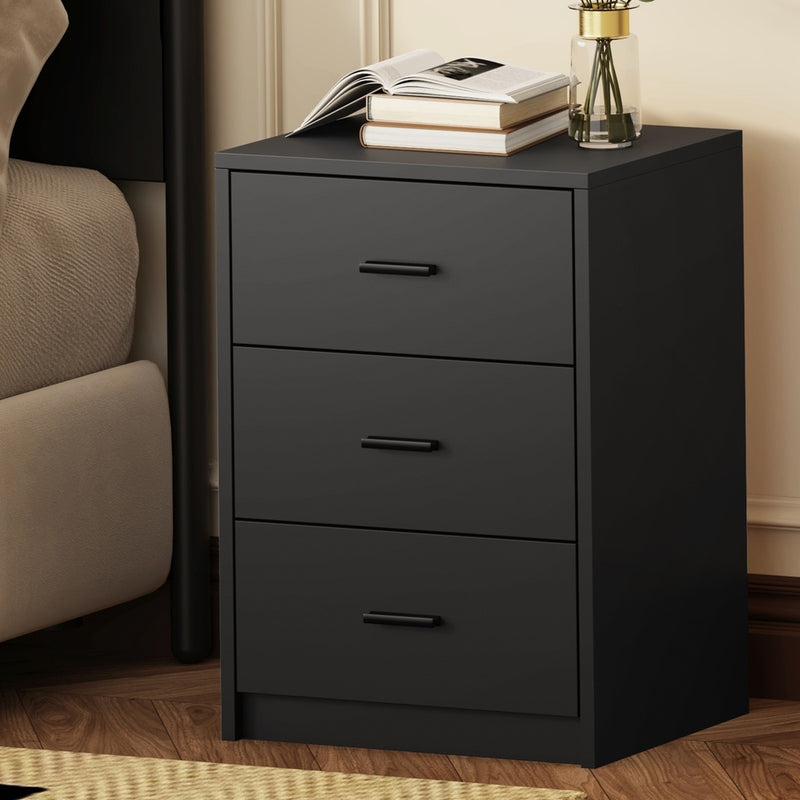 Oikiture Bedside Table 3 Drawers Nightstand Bedroom Storage Black