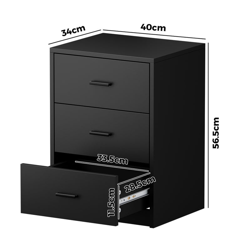 Oikiture Bedside Table 3 Drawers Nightstand Bedroom Storage Black