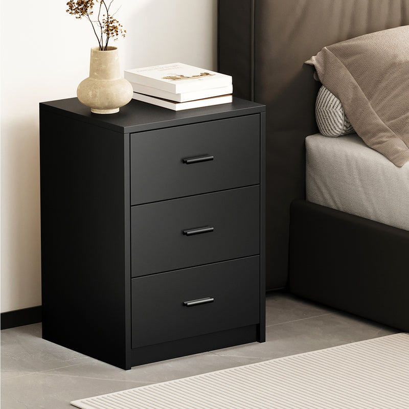 Oikiture Bedside Table 3 Drawers Nightstand Bedroom Storage Black