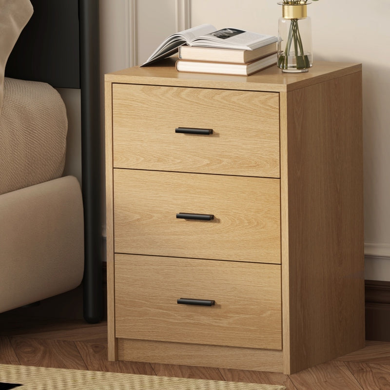 Oikiture Bedside Table 3 Drawers Nightstand Bedroom Storage Natural