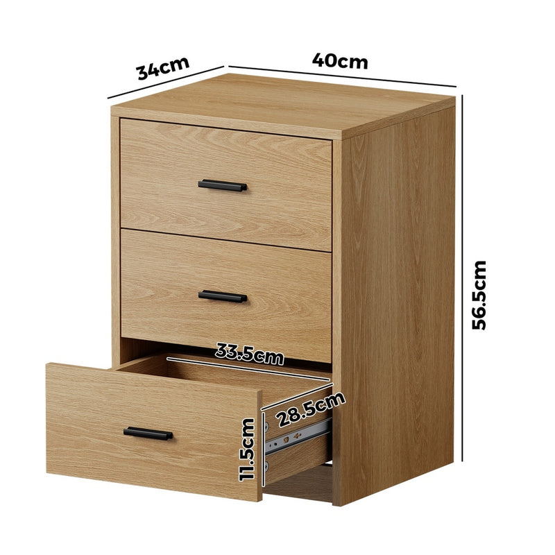 Oikiture Bedside Table 3 Drawers Nightstand Bedroom Storage Natural