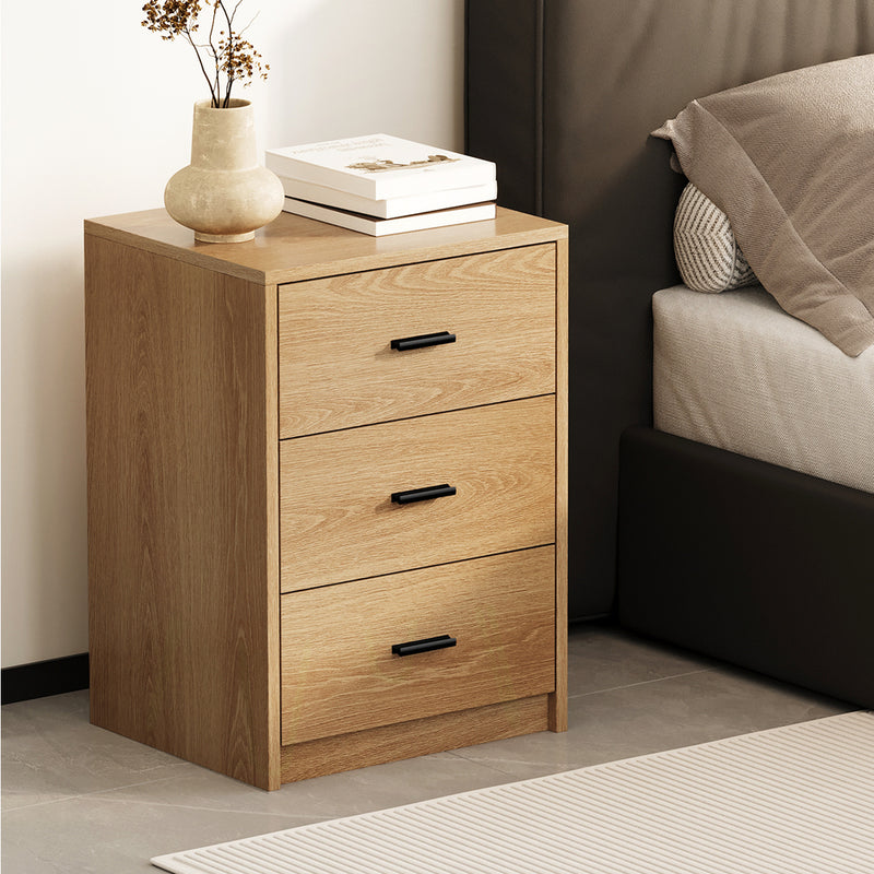 Oikiture Bedside Table 3 Drawers Nightstand Bedroom Storage Natural
