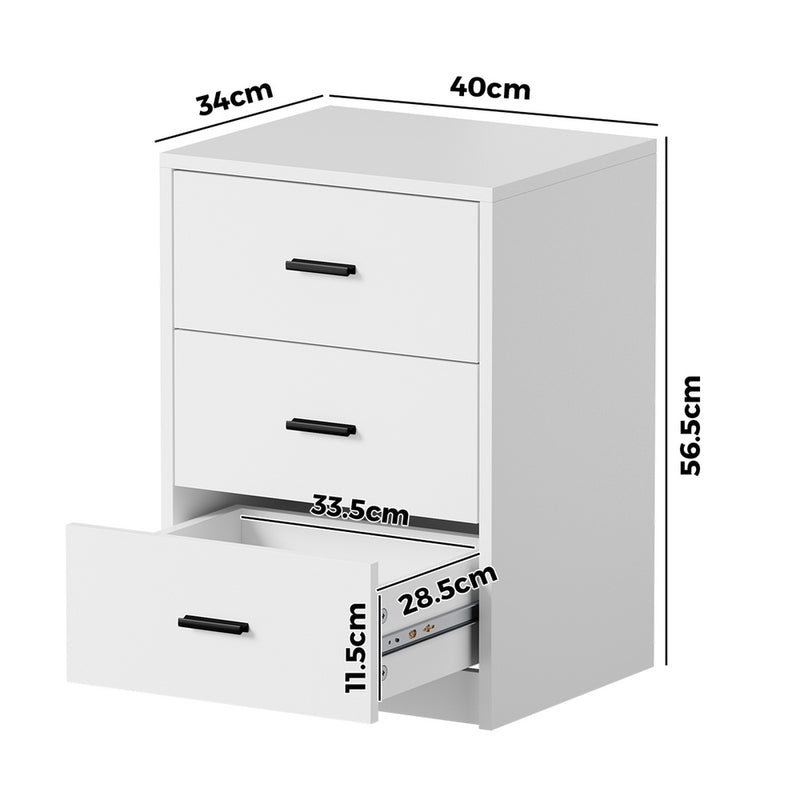 Oikiture Bedside Table 3 Drawers Nightstand Bedroom Storage White