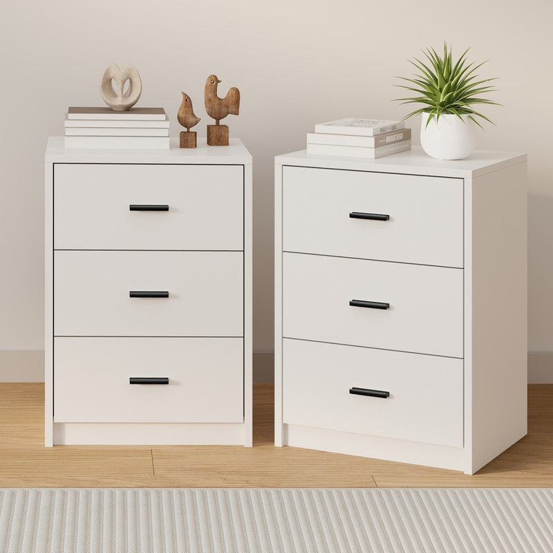 Oikiture 2x Bedside Table 3 Drawers Nightstand Bedroom Storage White