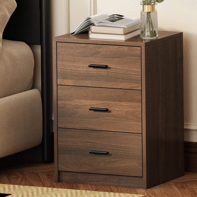 Oikiture Bedside Table 3 Drawers Nightstand Bedroom Storage Walnut