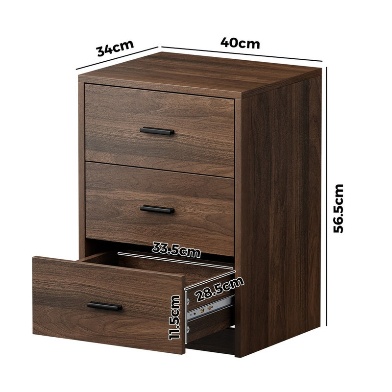 Oikiture Bedside Table 3 Drawers Nightstand Bedroom Storage Walnut