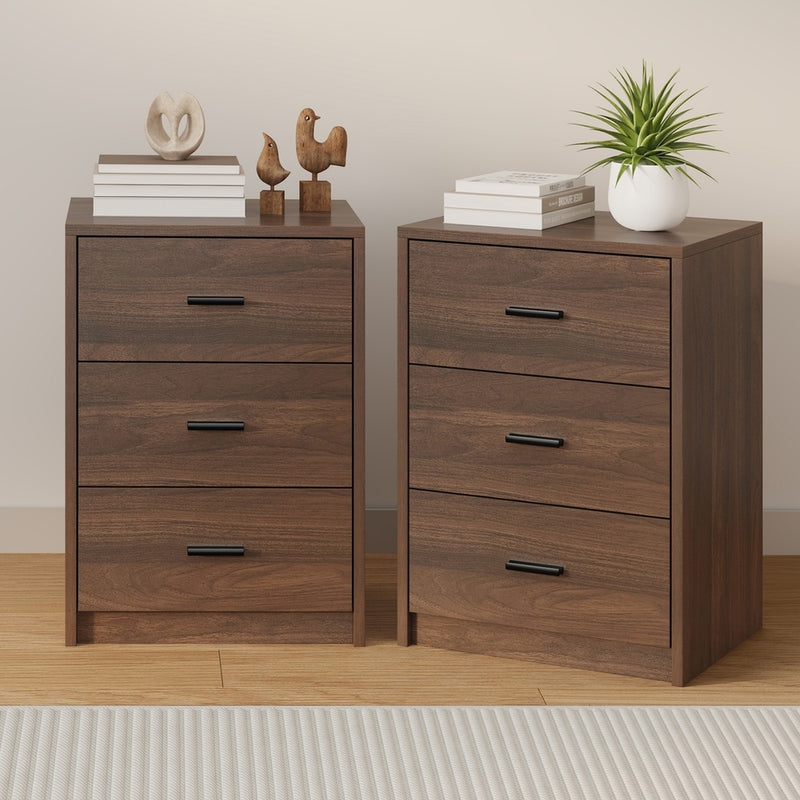 Oikiture 2x Bedside Table 3 Drawers Nightstand Bedroom Storage Walnut