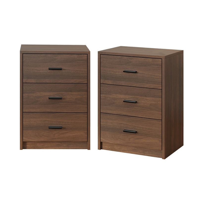 Oikiture 2x Bedside Table 3 Drawers Nightstand Bedroom Storage Walnut