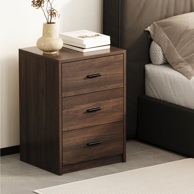 Oikiture 2x Bedside Table 3 Drawers Nightstand Bedroom Storage Walnut